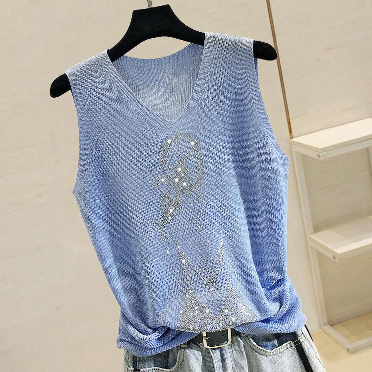 Summer Tank Top Women Thin Bright Silk Knitted Shirt Women's Fashion Girl Rhinestones Sleeveless Vest Outwear Female Tops