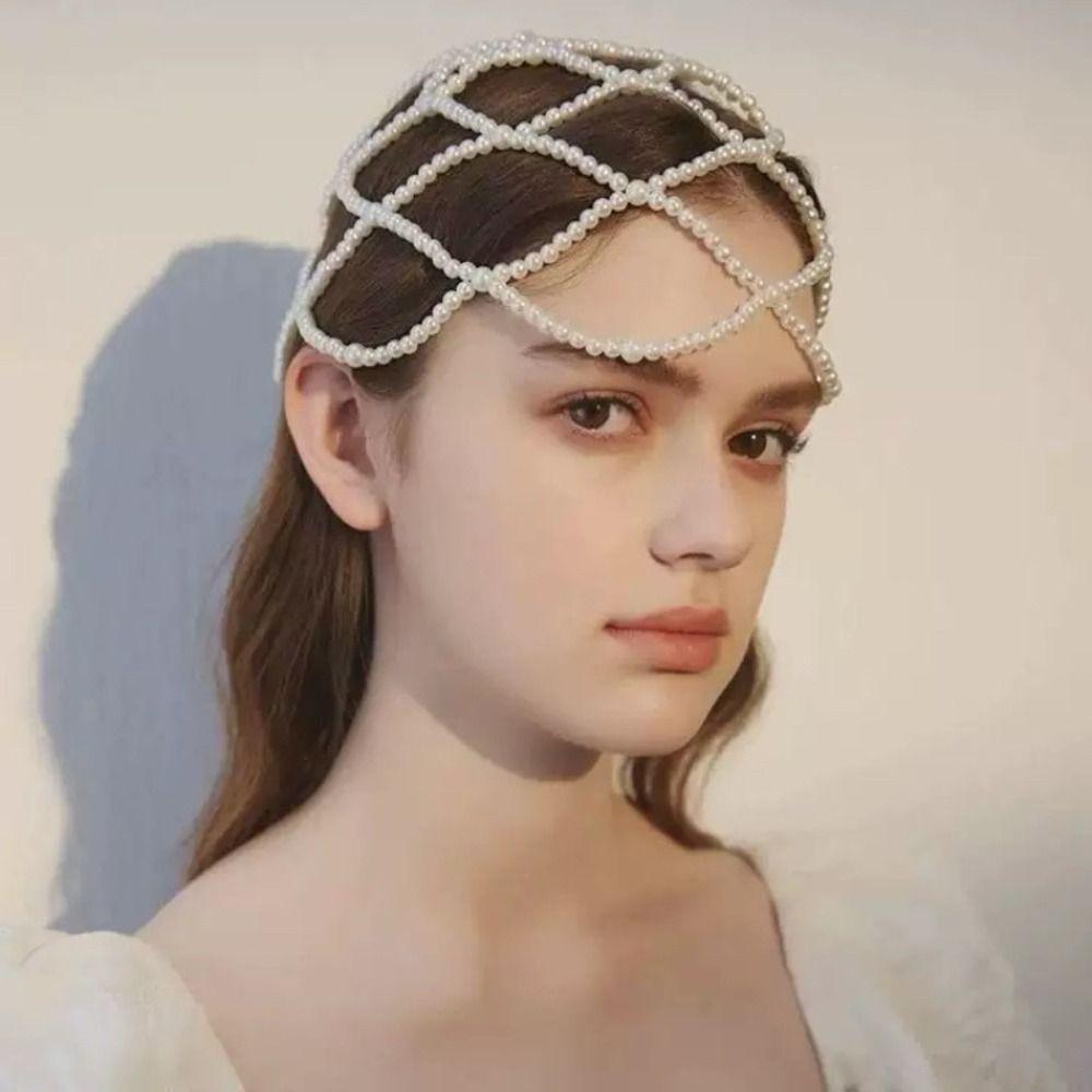 Hand-Made Pearl Hat Chain Pearls Weave Pearl Headpiece Stylish Bridal Head Ornament  Bridal Wedding
