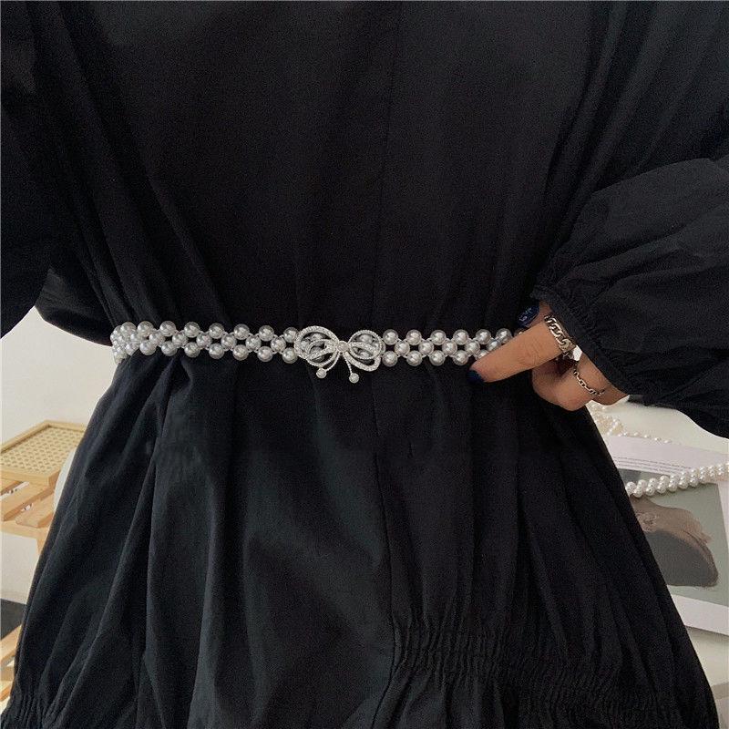 Women's Pearl Elastic Waist Chain for Hanfu and Korean Style Outfits - Versatile Woven Beaded Slimming Accessory