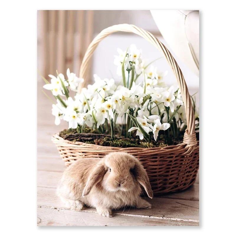 Boho Bunny And Flowers Decorative Easter Print Wall Art Poster Warm Modern Gallery Wall Living Room Decorative Canvas Painting