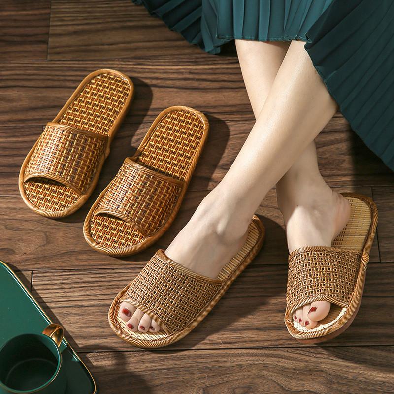 Hausschuhe aus Rattan für Damen, rutschfest, für drinnen, für Paare, Haushalt, ein Mann und eine Frau, Frühlings- und Sommersandalen aus Bambus