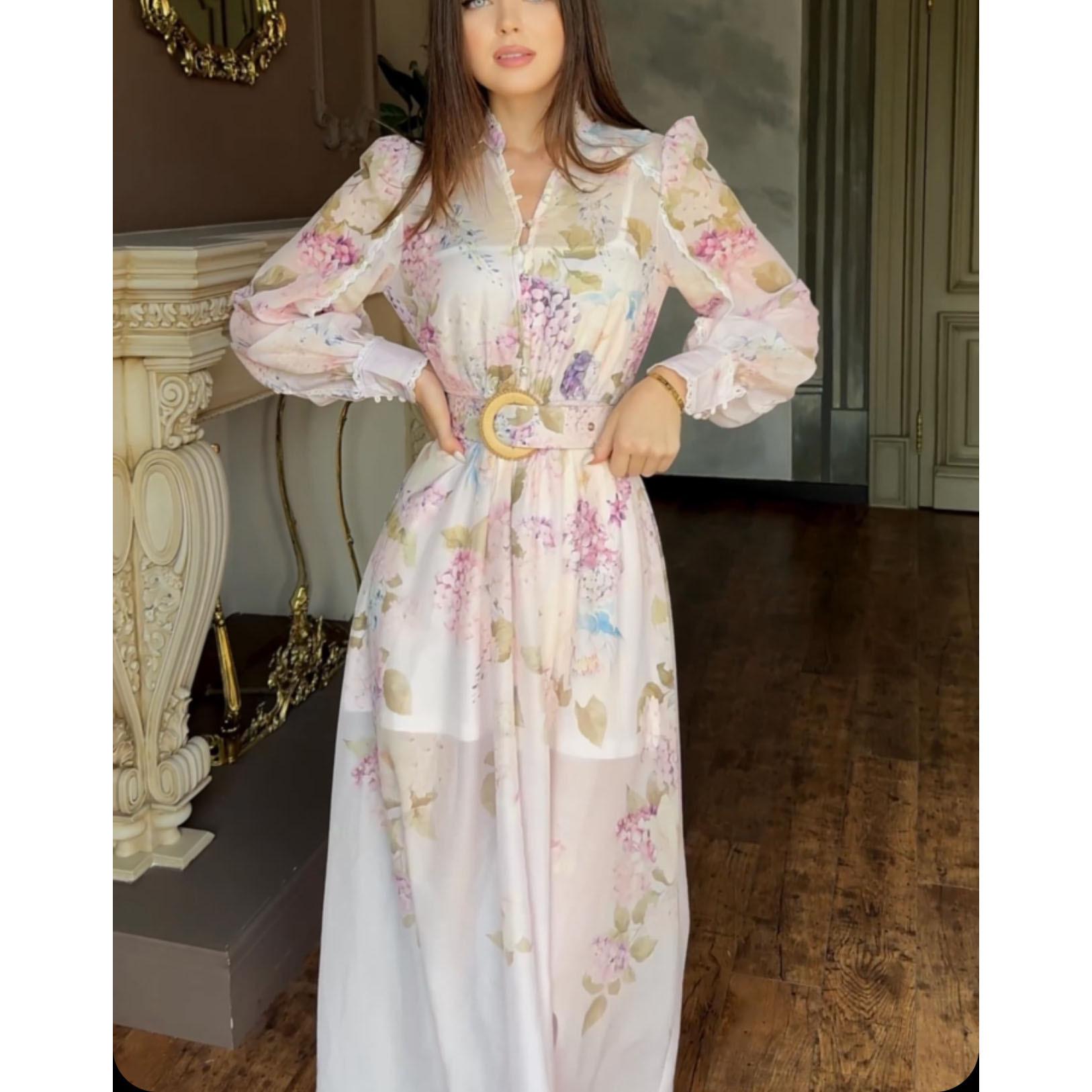 European & American Floral Print V-Neck Long-Sleeve Dress XL