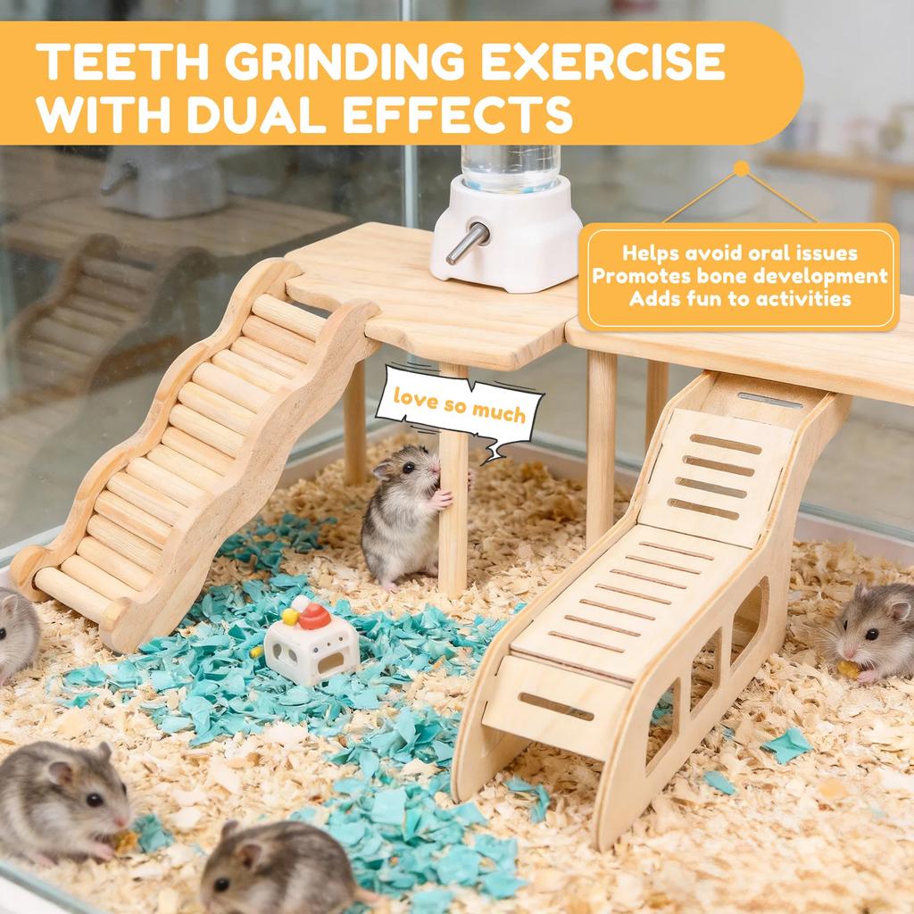 4Pcs Hamster Platform Natural Wood Hamster Climbing Toy with Ramp Tunnel Shelter Small Pet Resting Area Hamster Cage Accessories