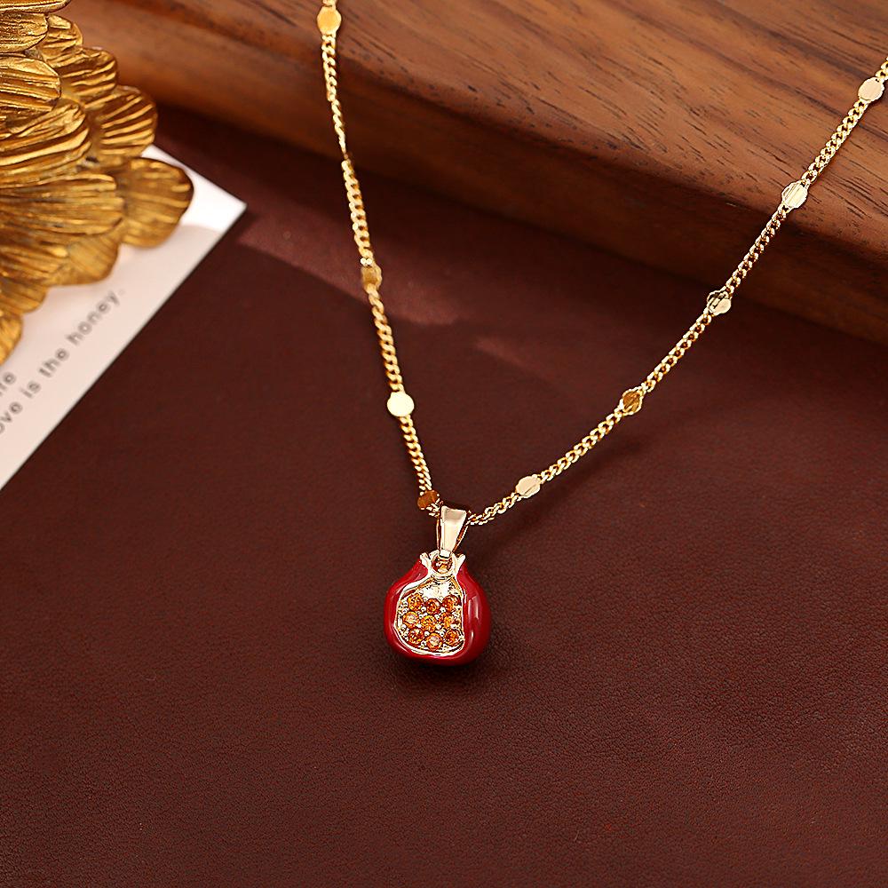 Festive Red Pomegranate Zircon Pendant Necklace & Enamel Bracelet with High-End Earrings Set