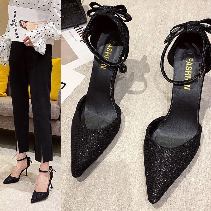European and American pointed thin heel sequined hollow fashion sandals 2025 summer new fashion casual professional high heels