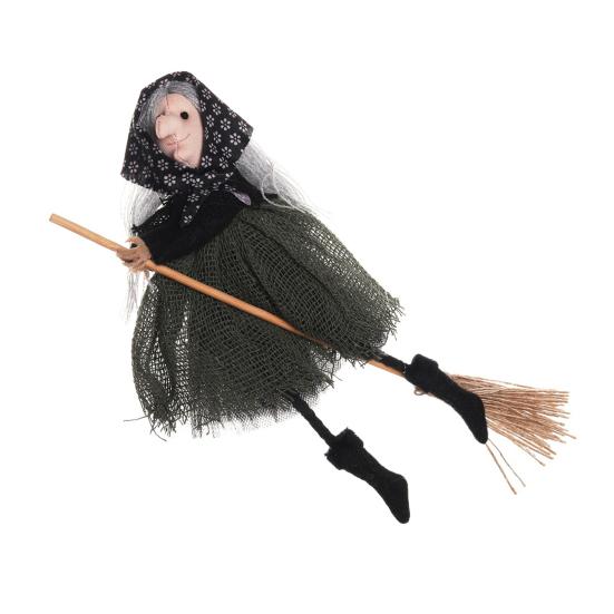 Halloween Witch Doll Small Hangable Witch Ornament Decorative Flying Witch Figurine On Broomstick for Indoor Outdoor Tree Home Kitchen Decor