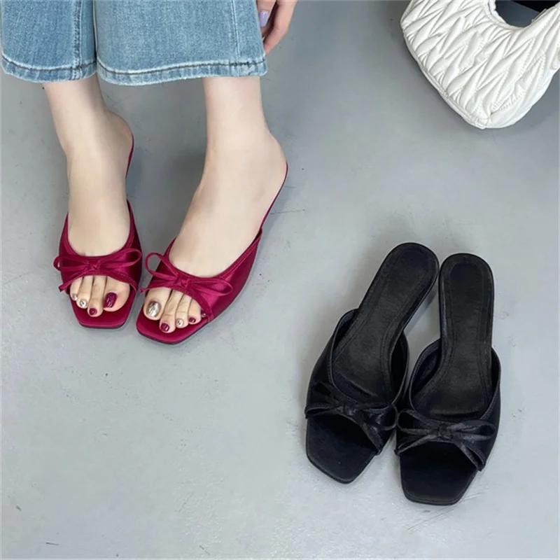 Summer Butterfly-kont Women Slippers Elegant Square Toe Party Dress Female Sandals Low Heels Shoes Large Size 43