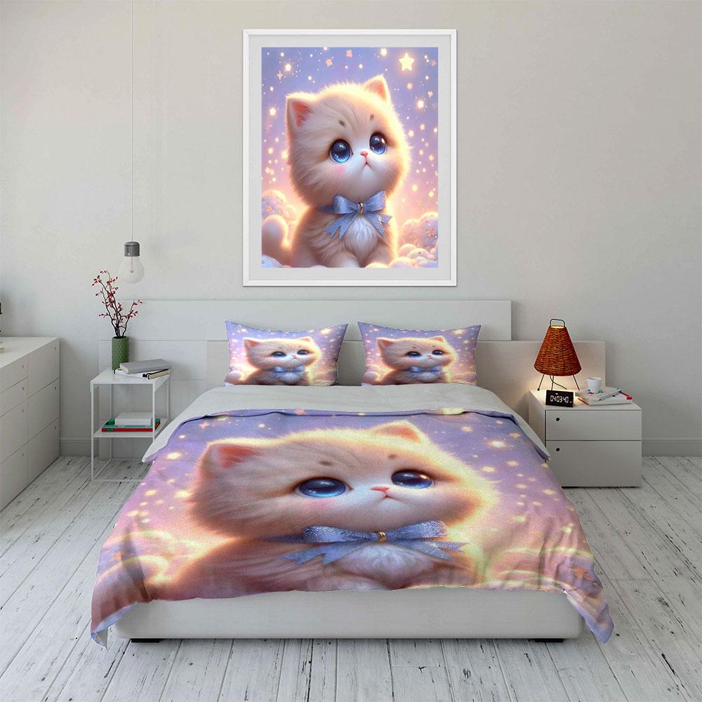 Adorable Kitten with Blue Eyes Bedding Set for Kids Luxury Gift 3pcs Digital Print Comforter Set Soft Comfortable Breathable