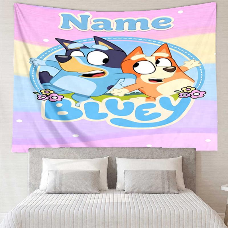 Custom Name Bluey Print Tapestry, Backdrop, Easy Setup, Ideal for Bedroom, Office & Living Room, with Aesthetic Wall Hanging Decor.