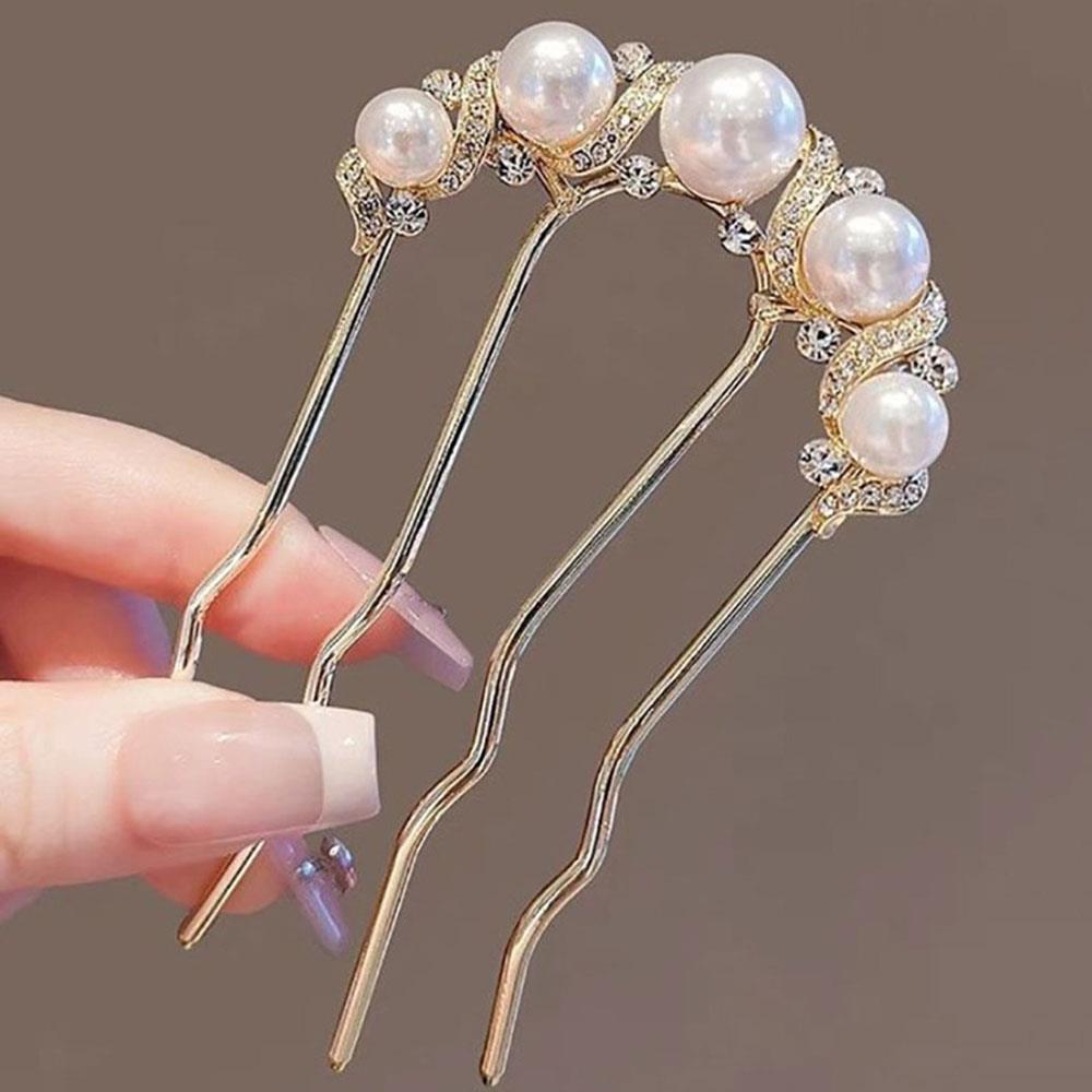 Pearl Flower Wavy Hair Combs U Shaped Hairpins Hair Clips For Women Elegant Style Headband Forks Hair Styling Tools Headdress