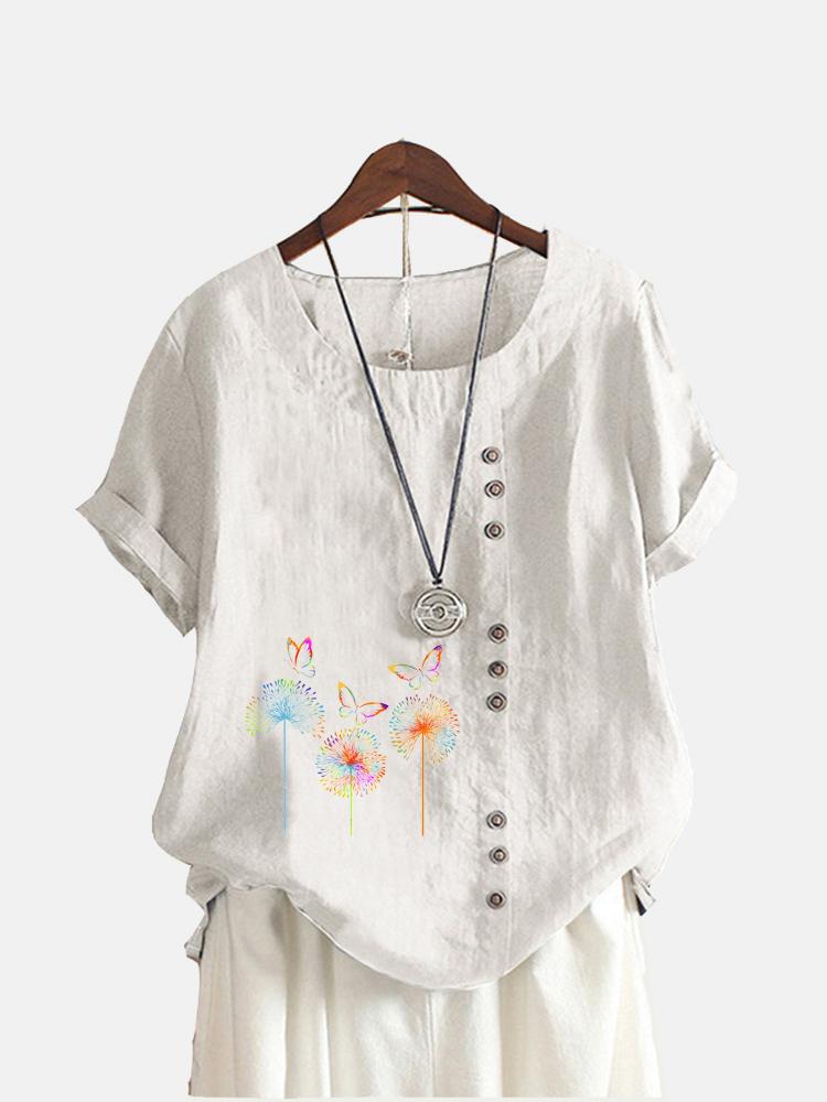 Women Fashion Round Collar Top Floral Print T-shirt Casual Short Sleeve Top Ladies Loose Blouse