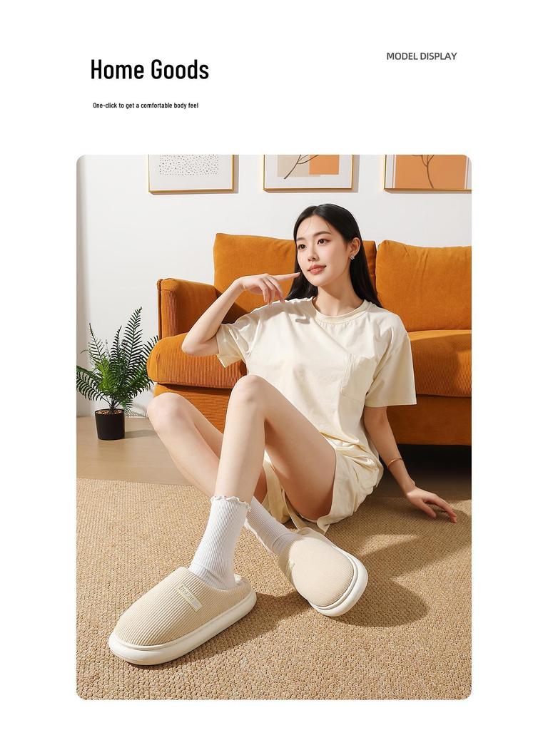 Thick-Soled Cotton Slippers: Women’s & Men’s Plush Non-Slip Closed-Toe Indoor Footwear for Autumn & Winter