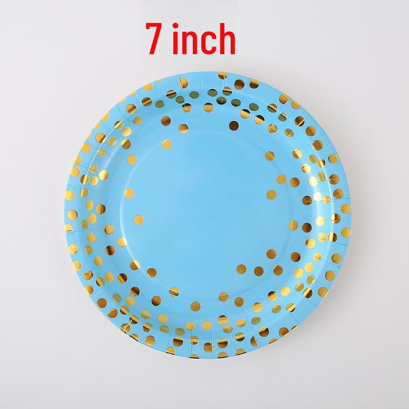 Blue and Gold Polka Dot Birthday Tableware Set: Disposable Dinner Plates, Dessert Plates, Cups, and Napkins