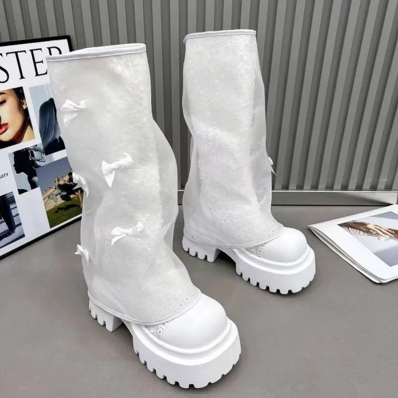 Fashion 2025 Woman High Boots Tall Boots Woman Mesh Breathable High Boots Low Heel Casual Sneaker Leather Shoes Women Long Shoes