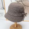 Retro thousand bird grid short brim basin hat women's autumn elegant bow bucket hat British versatile face hat