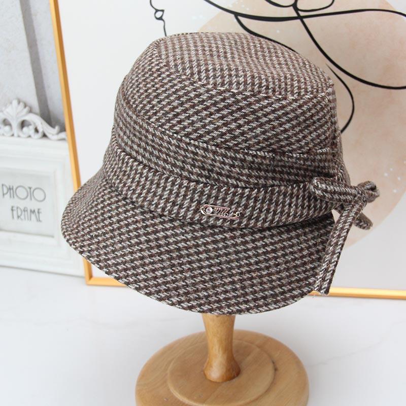 Retro thousand bird grid short brim basin hat women's autumn elegant bow bucket hat British versatile face hat