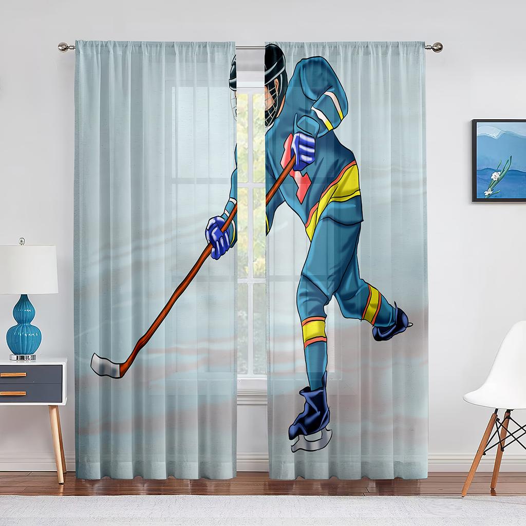 Ice Hockey Sport Player Sheer Voile Curtain Sports Arena Window Chiffon Tulle Curtains for Living Room Bedroom Decoration Drapes