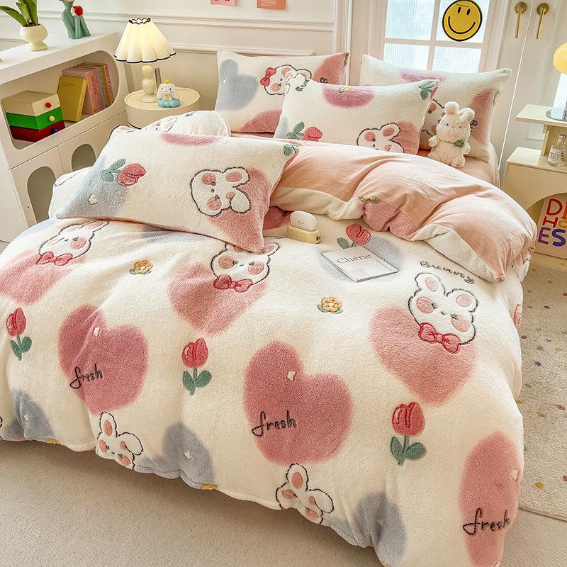 Winter Milk Fleece Bedding Four-piece Set Double-sided Fleece Thickened Sheets Quilt Cover Pillowcase