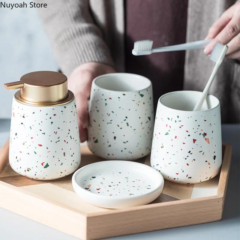 European Bathroom Decoration Set, Terrazzo Ceramic, Emulsion Bottle, Gargle Cup, Soap Dish, Art Supplies