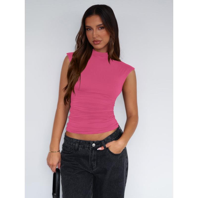 Women's Summer Half High Neck Solid Colour Pleated Slim Sleeveless Simple Comfort Top
