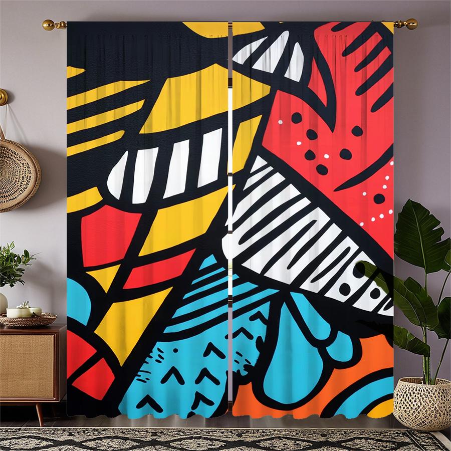 2 Pcs Geometric Graffiti Print Curtains,suitable for Bedroom,living Room Kitchen Decoration,home Decoration,window Decoration