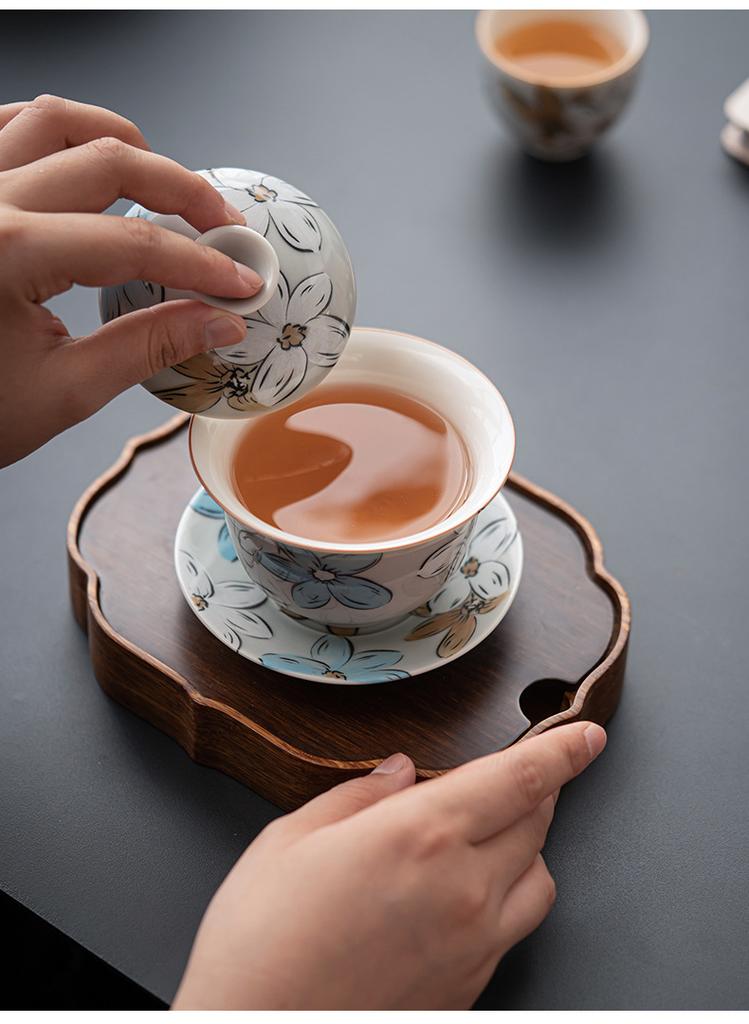 Ice Grey Underglaze Tureen Sancai Hand-painted Floral Tea Bowl Japanese Cherry Blossom Ceramic Gaiwan Chinese Kung Fu Teaware