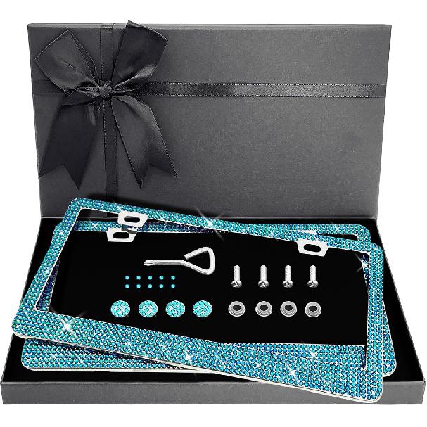 Bling Rhinestone License Plate Frame for Women 2PC, Sparkly Stainless Steel Frames & Over 1200 pcs Finest 14 Facets Black Glass Crystals Premium