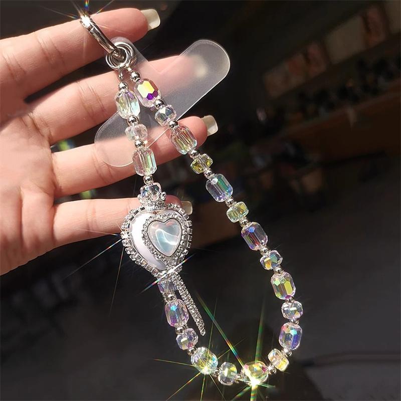 

Luxury Flash Rhinestone Love Heart Tassel Bead Mobile Phone Lanyard Wrist Strap Lady Hand-held Chain Short Anti-lost Key Pendant Other