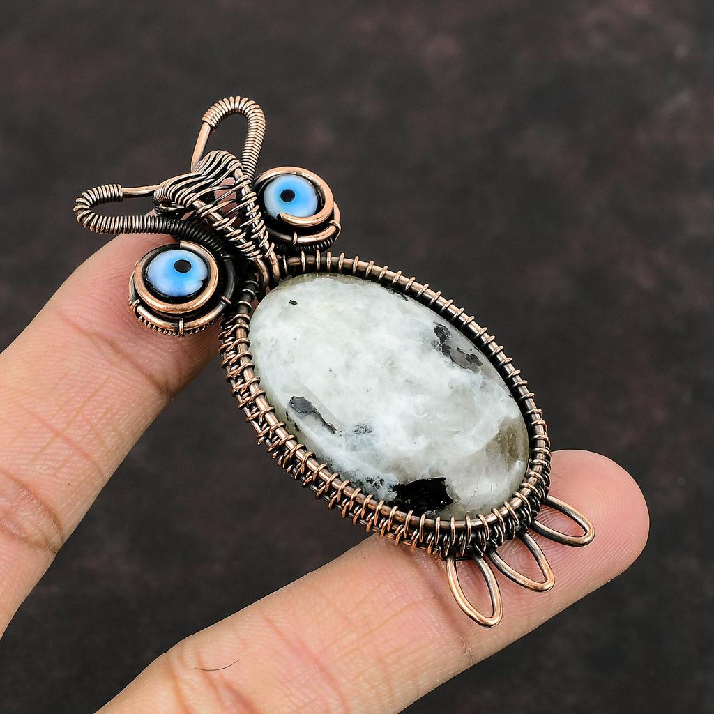 Rainbow Moonstone Pendant Copper Wire Wrapped Gemstone Pendant Owl Design Jewelry Black Color Evil Eye Pendant Handmade Copper Wire Jewelry