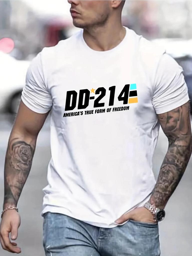 Pánské 100% čisté bavlněné letní volné ležérní nakupování pohodlí DD214 dopisní potisk velké tričko s kulatým výstřihem a krátkým rukávem