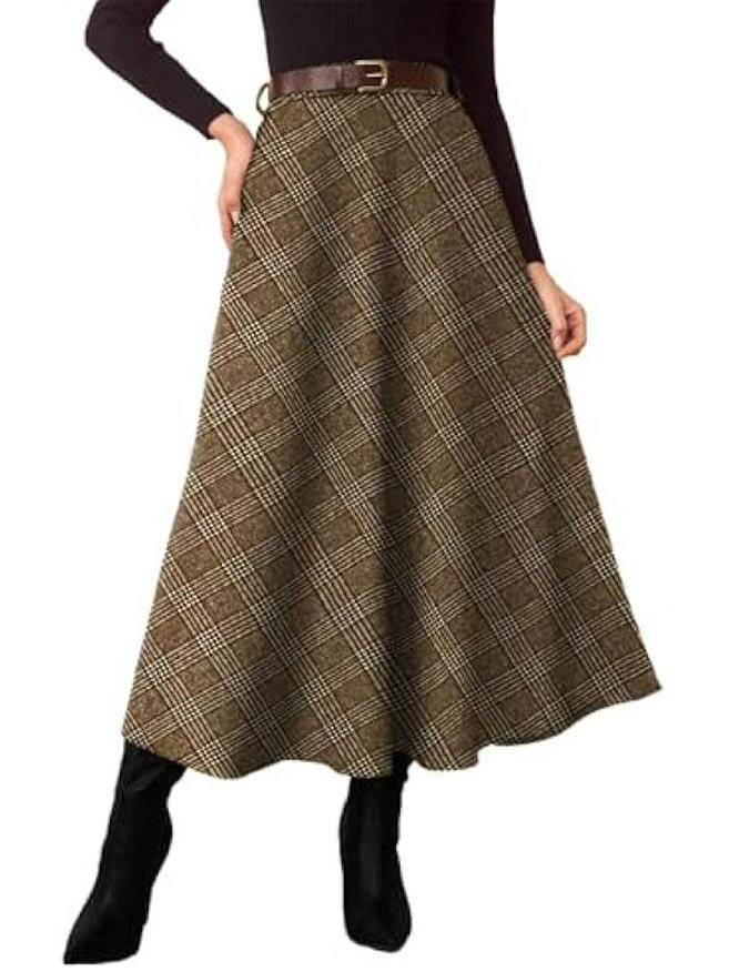 2025 Autumn Plaid Slim-Fit A-Line Midi Skirt – High-Waisted, Wide Hem, Stylish Commute Fashion S хаки