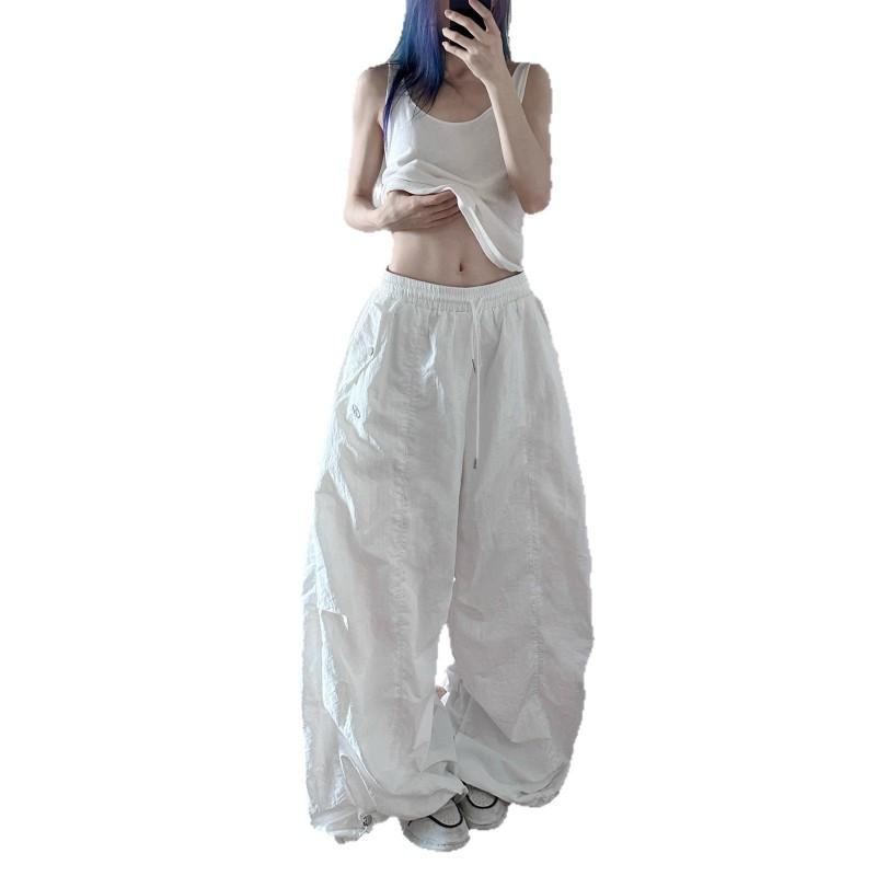 Womens White Loose Fit Cargo Pants Thin Quick Dry Nylon Streetwear Joggers Jazz Dance