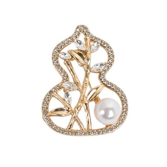 

Women Brooch Sparkling Rhinestone Imitation Pearl Inlaid Gourd Shape Anti-Exposure Buckle Suits Sweaters Cheongsam Badge Outfit Accessory