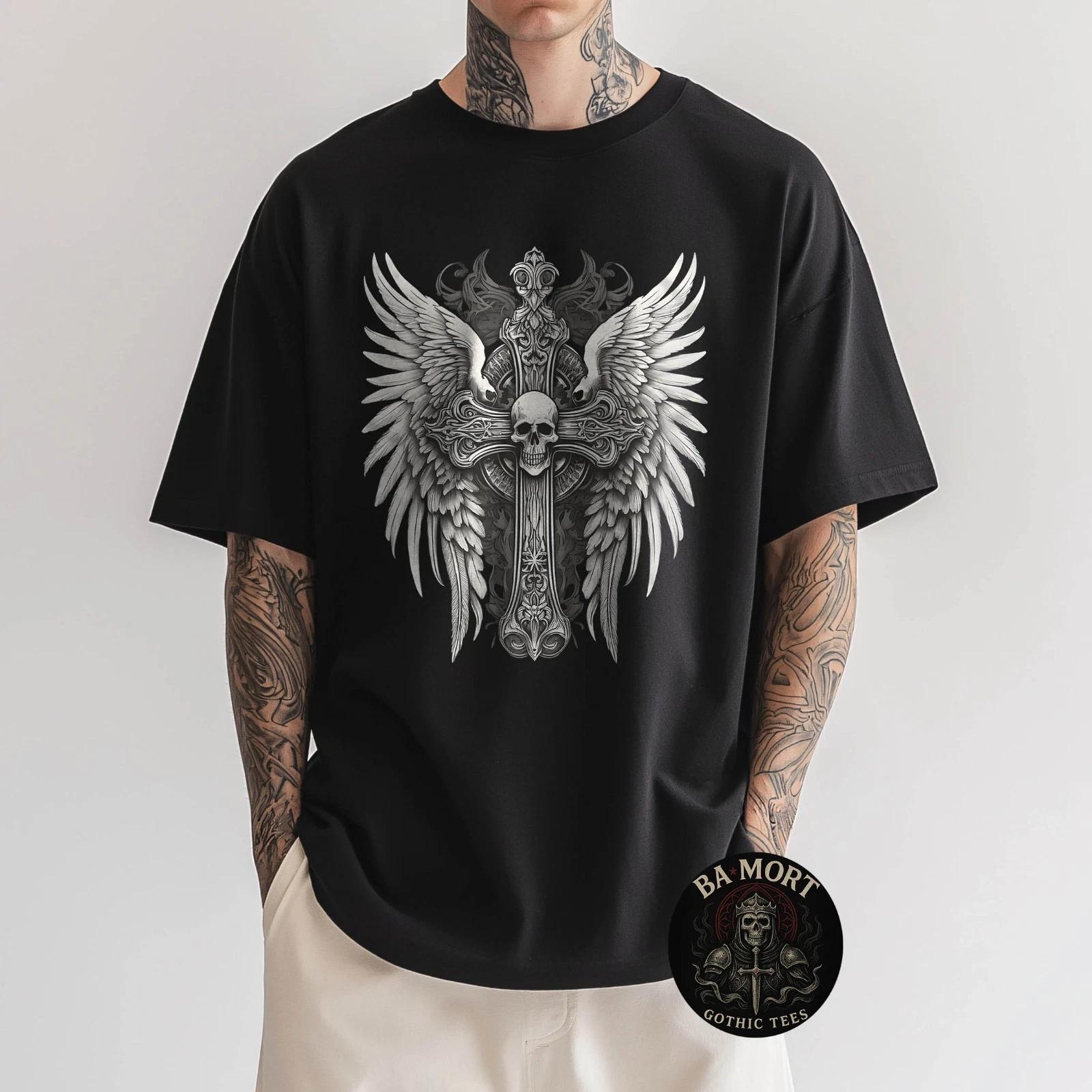 Y2K Grunge Aesthetic Gothic Art Skull Cross 100% Cotton T-shirt Mens Tees Top S
