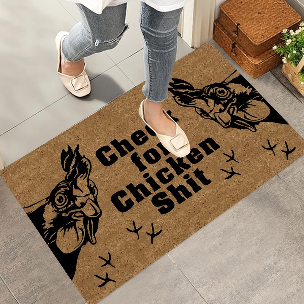 Chicken Shit" Doormat-Humorous Welcome Mat with Rooster Pattern, Polyester, Machine Washable, Front Door Mat, Chicken Decoration