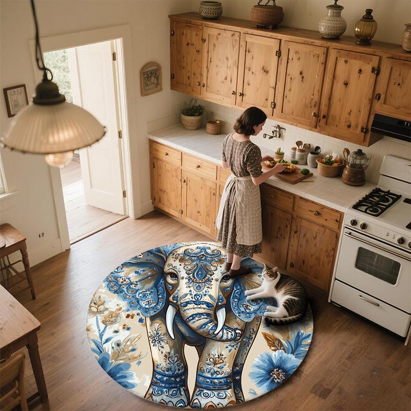 Vintage Elephant,Round Area Rug,Carpet Rug for Living Room Bedroom Sofa Playroom Decor,Non-slip Floor Mat