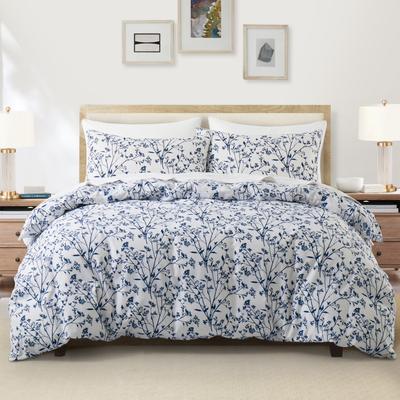 Floral Duvet Cover Set Queen Reversible Blue and White Flower Branches Leaf Print Comforter Cover Vintage Farmhouse Bedding Set
