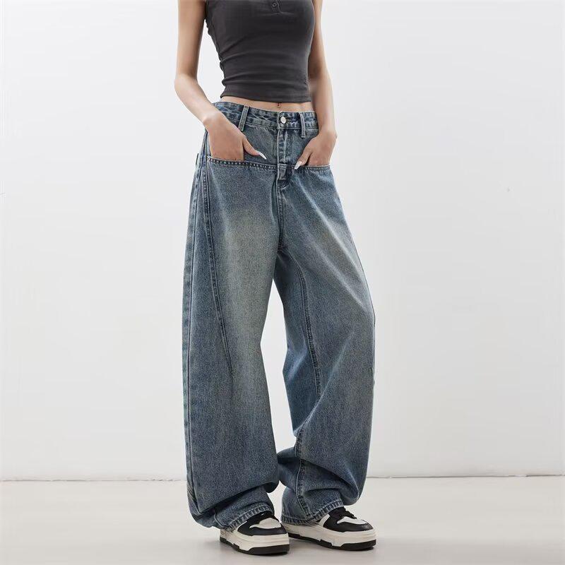 Women s High-Waisted Retro Blue Wide-Leg Jeans, Autumn/Winter 2025, Relaxed Straight-Leg Style 4XL