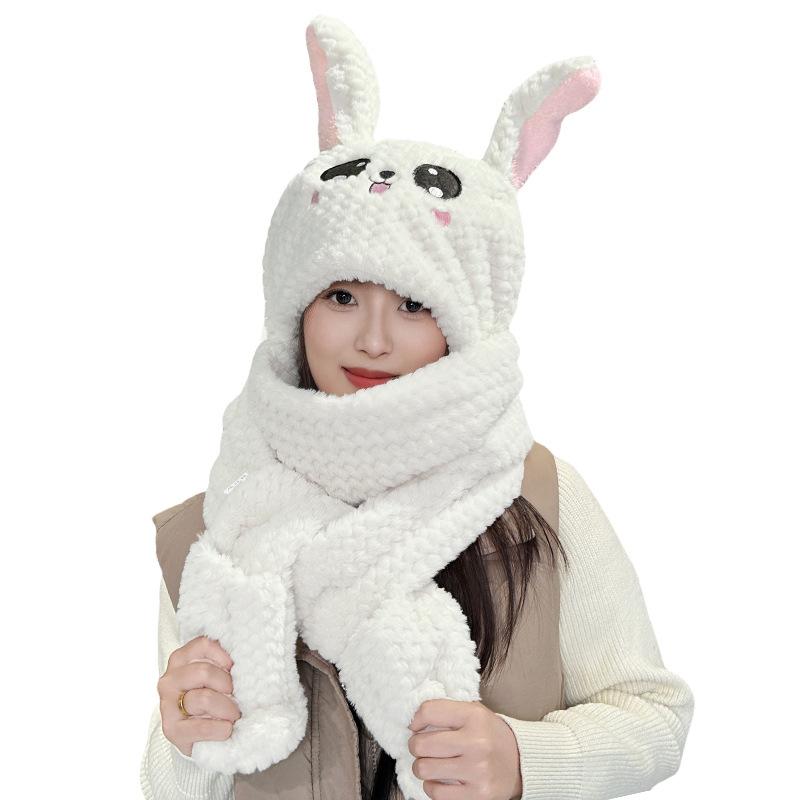 Rabbit ears move hat lady autumn and winter cute thickened warm scarf gloves integrated hooded pullover