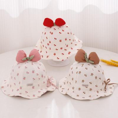 Cute Bow Baby Girl Bucket Hat Sweet Flower Cherry Print Cotton Newborn Infant Fisherman Cap Drawstring Adjustable Toddler Sun Hats