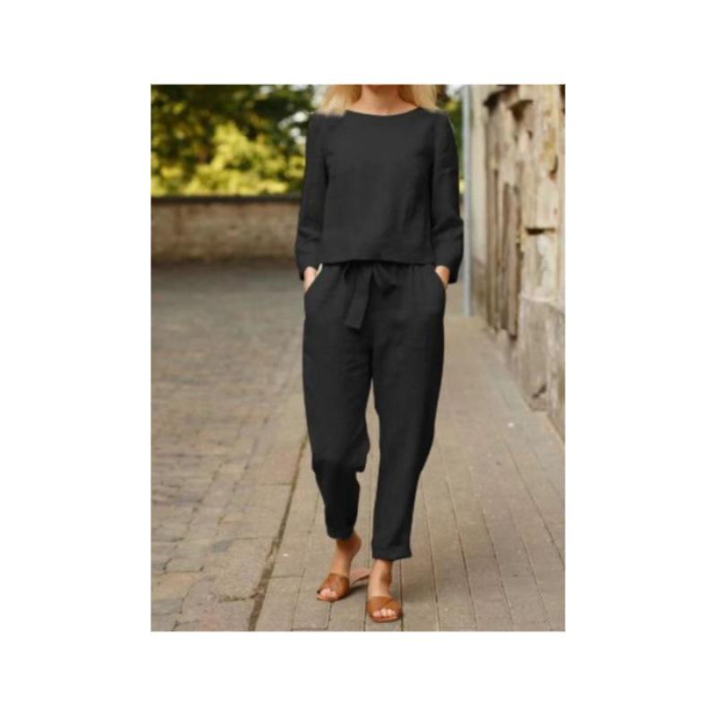 Fall Style Casual Hemp Two-piece Loose Waist Tie Fashion Color Long-sleeved Sports Suit for Women