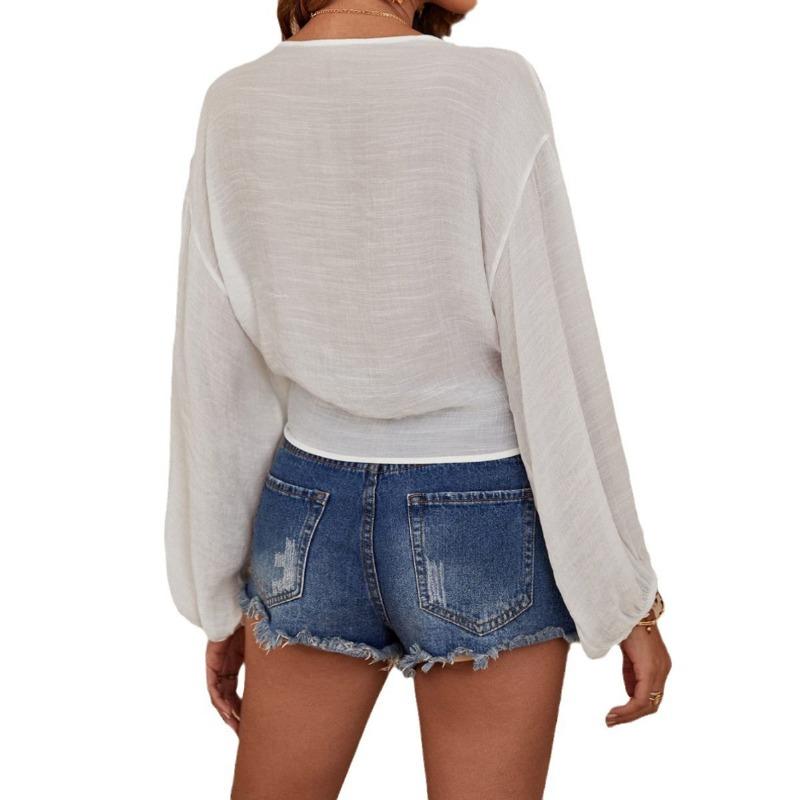 Fashion Casual Summer Women Beach Shirt Solid Color V Neck Solid Color Simple Crop Tops Elegant Ladies Tie Up Cardigans Streetwear Blouse Clothing