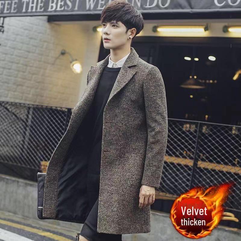 Men's Slim Fit Woolen Windbreaker - Korean Style, Mid-Length, Warm for Autumn and Winter