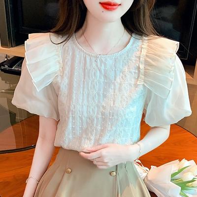 Fashion New Summer Short Sleeve O-Neck Casual Ruffles Spliced Blouse Shirt Women Tops J365