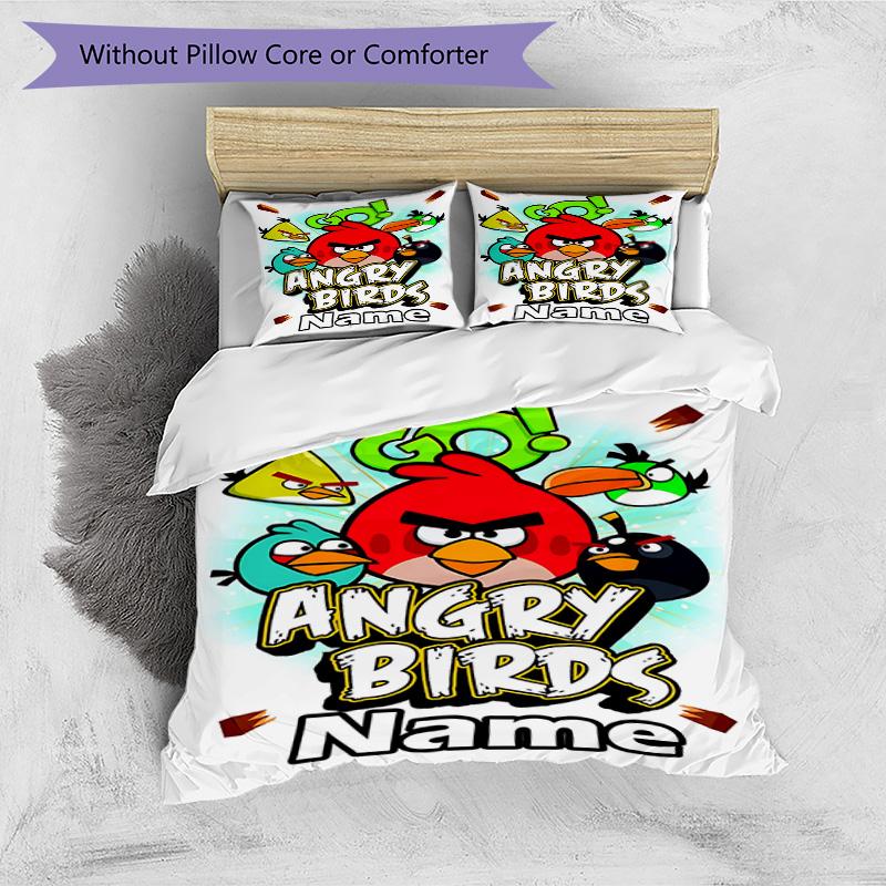 3pcs Duvet Cover Set (1*Duvet Cover + 2*Pillowcase, Without Core), Custom Name Angry Birds Pattern Bedding Set, Home Bedroom Decor Gift