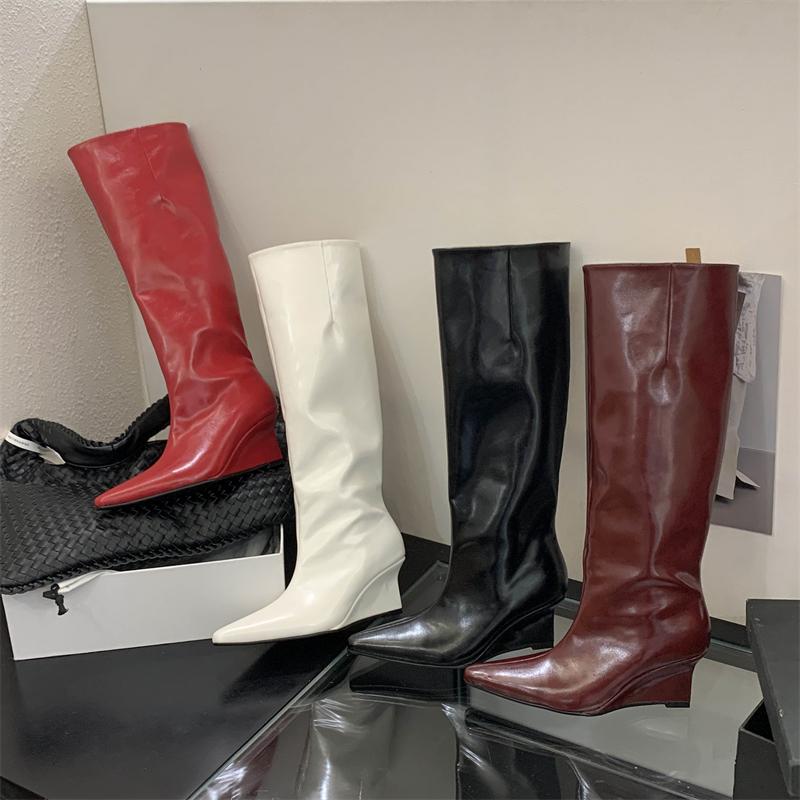 Eilyken Autumn Winter Design Pointed Toe Women Knee High Boots Ladies Shoes Wedges Heels Modern Long Booties Largas Mujer