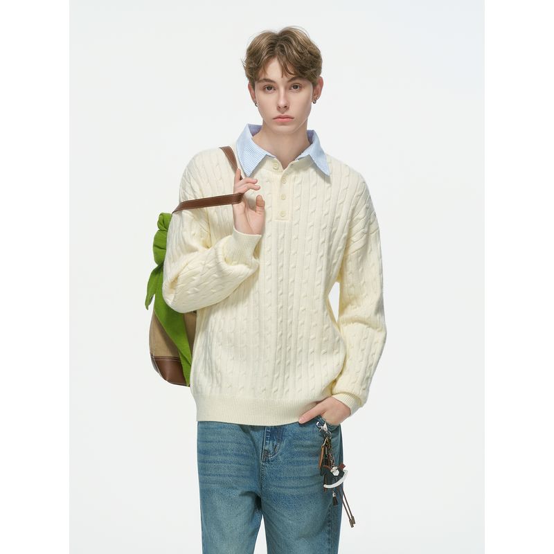 Dream Made Preppy Style Fake Two-Piece Polo Shirt Cable Knit Sweater Men's Autumn and Winter Old Money Knit Top