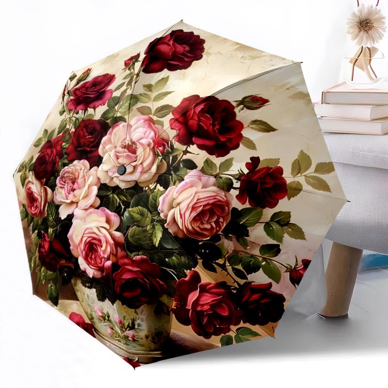 Pink Roses And Butterflies Automatic Umbrella Retractable Design with 8-Rib Durability Sturdy Construction All-Season Umbrella for Travel