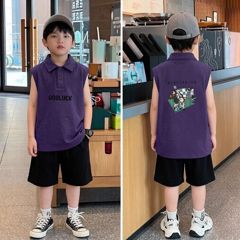 Korean Boys' Cool Cotton Polo Vest Set - Summer Casual Lapel Sleeveless Tee