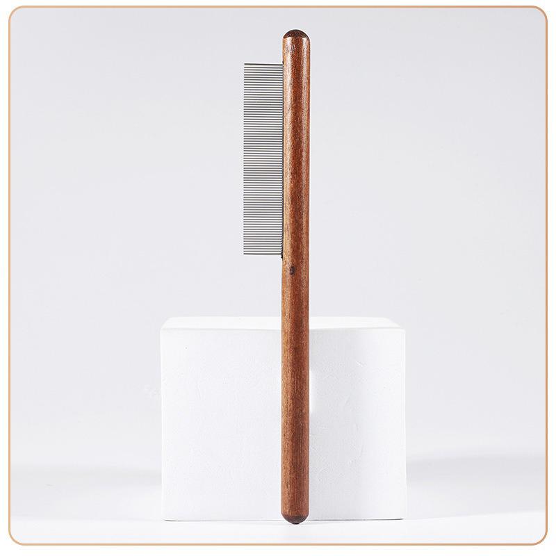 Solid Wood Handle Flea Comb: Single Row for Cats & Dogs - Removes Loose Hair & Cleans